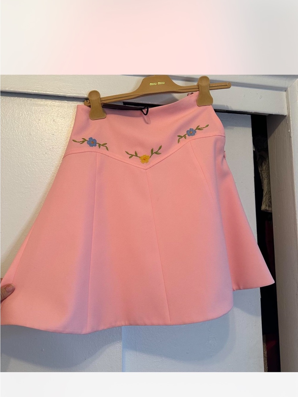 Miu Miu Pink A-Line Skirt with Blue and Yellow Embroidered Flowers